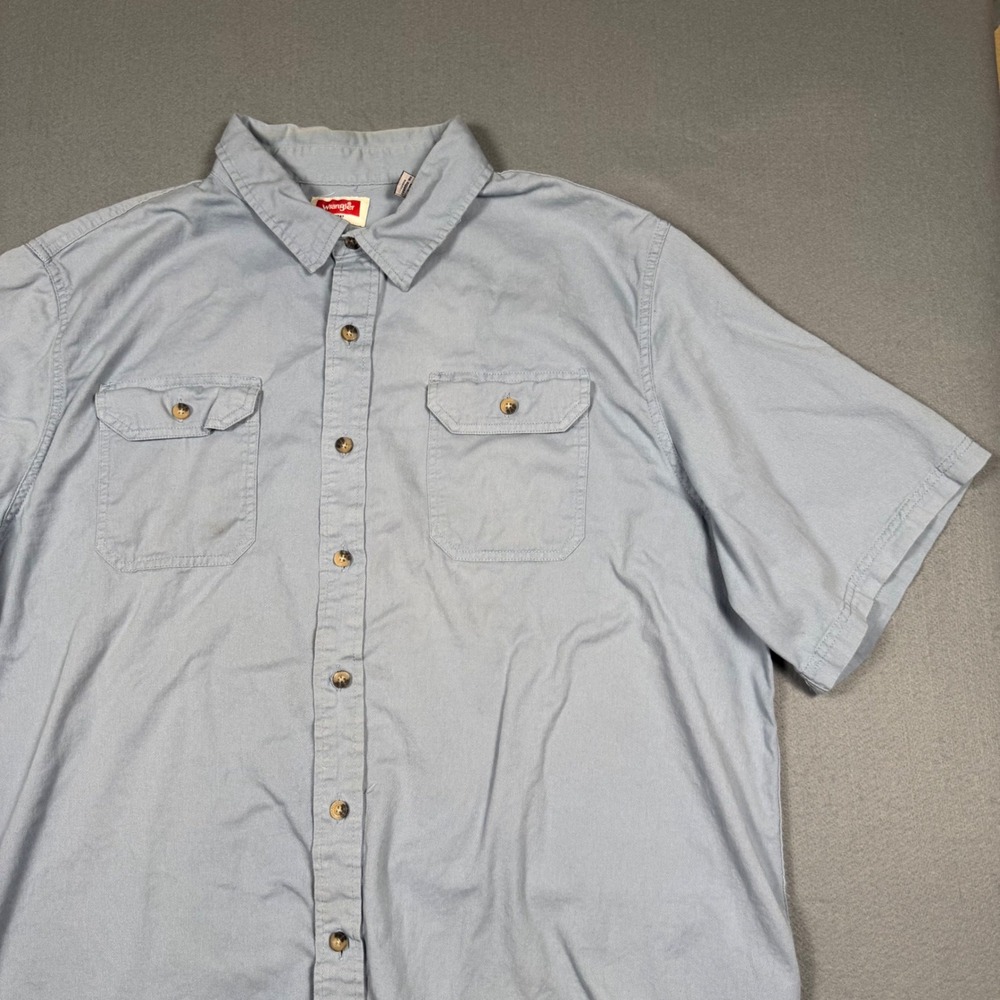 Wrangler Button Down Shirt Mens 2XL Blue Short Sleeve Cotton Twill Workwear Top - Picture 11 of 13